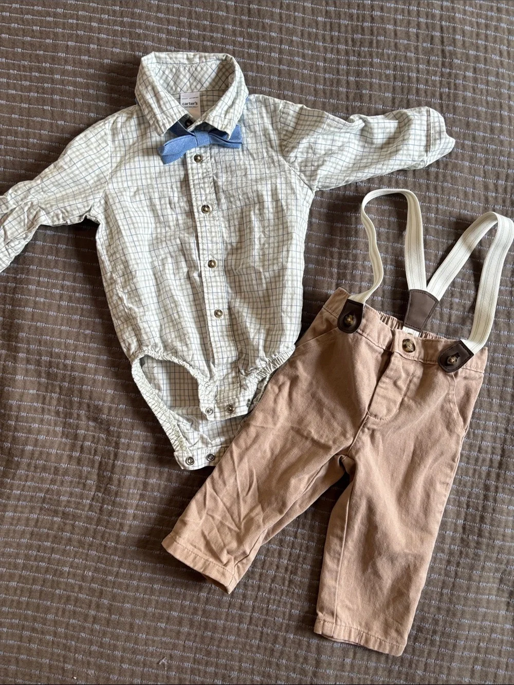 Carter's Just One You Baby 6M 3-Piece Plaid Bodysuit Pants Suspenders Bow Tie